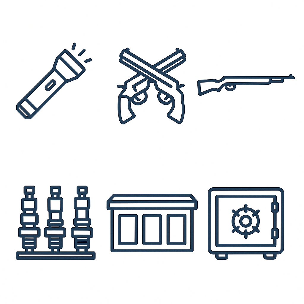 Lanternas | Pistolas | Rifle | Matrizes para recarga | Balcão | Cofres
